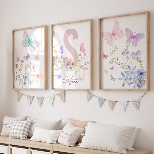 Butterfly and Flower Prints, Butterfly Nursery, Wildflowers Print, Pastel Colors Butterfly, Wildflowers and Butterfly, Butterfly Wall Art