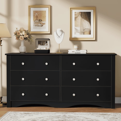 Homall 6-Drawer Wood Dresser, Modern Double Tier Chest of Drawers, Black Furniture for Living Room, Bedroom