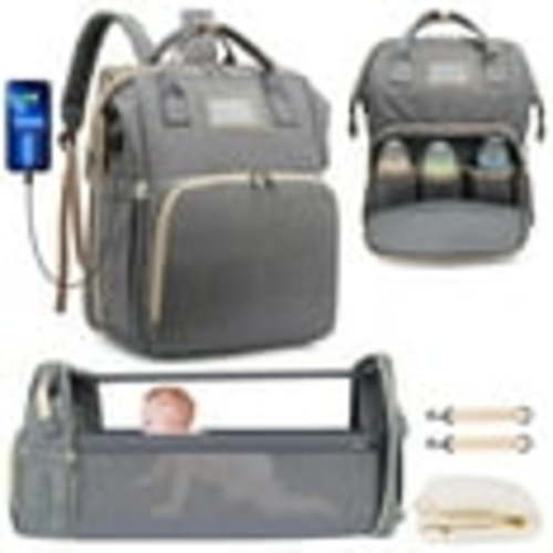 Diaper Bag Backpack, Multifunctional Baby Changing Bag with Foldable Crib & Insulated Milk Bottle Pocket, Large Capacity Travel Backpack with USB Charging Port & Stroller Strap (Gray)