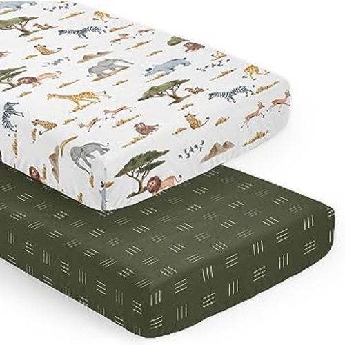 Sweet Jojo Designs Jungle Animals Boy Girl Gender Neutral Unisex Baby Fitted Crib Sheet Set Infant Newborn Nursery Toddler Bed Room Standard Mattress 2p Green Boho Wildlife Safari Animal Elephant