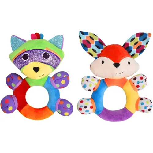 Teething Rattle Toys, Infant Girl Boy Learning Toy Newborn Soft Handbell Grab Shaker Crinkle Squeaky Sensory Travel Accessories for 0 3 6 9 12 Months Old