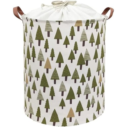 Nursery Laundry Basket Canvas Fabric Baby Boy Storage Bins,Collapsible Woodland Hamper,Waterproof Storage Baskets with Leather Handle,Forest Nursery Decor,Toy Organizer (Tree)