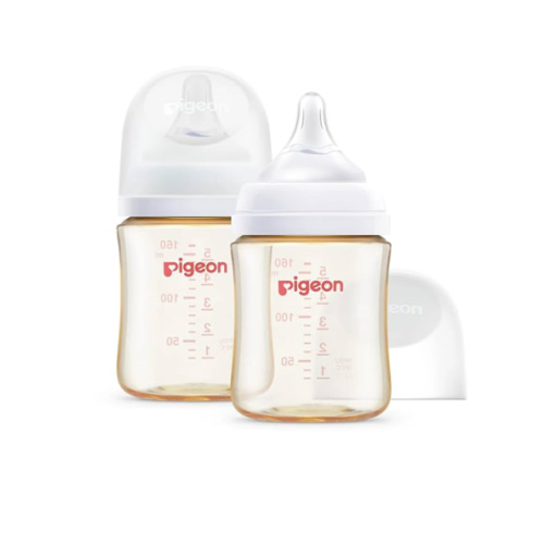 Pigeon PPSU Nursing Baby Bottle Wide Neck, Anti-Colic, Streamlined Body, Natural Feel, Easy to Clean, 5.4 Oz(Pack of 2), Includes 2pcs SS Nipples (0m+)