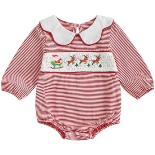 Newborn Baby Girls Christmas Outfit Doll Collar Smocked Santa Reindeer Embroidery Stripe Bubble Romper One Piece Clothes
