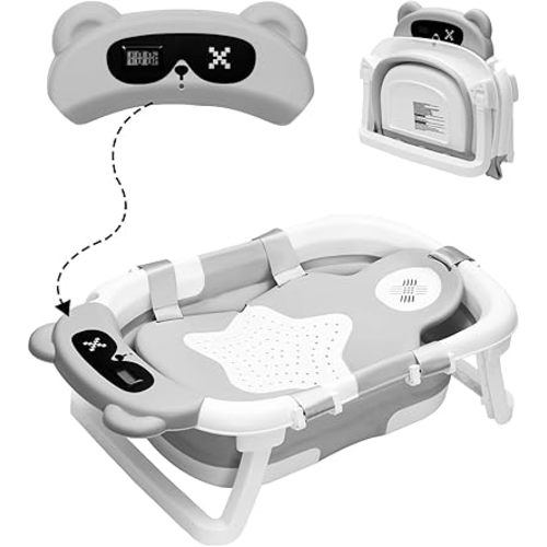 Colulla Foldable Baby Bathtub for Newborns and Toddlers, 50L Capacity, Dual Temperature-Sensing System, Non-Slip Base, with Ergonomic Support Board, Portable for Home and Travel, Grey