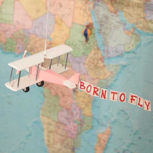 Personalized wooden plane with a banner BORN TO FLY. Custom Hanging Biplane Hanging Airplane, Pink White Black, For Girl, Nursery Decor