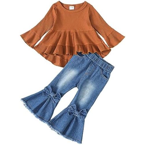 Kucnuzki Toddler Baby Girls Clothes Long Sleeve Shirt Top Flare Denim Jeans Cute Outfit Baby Girl Fall Winter Clothes