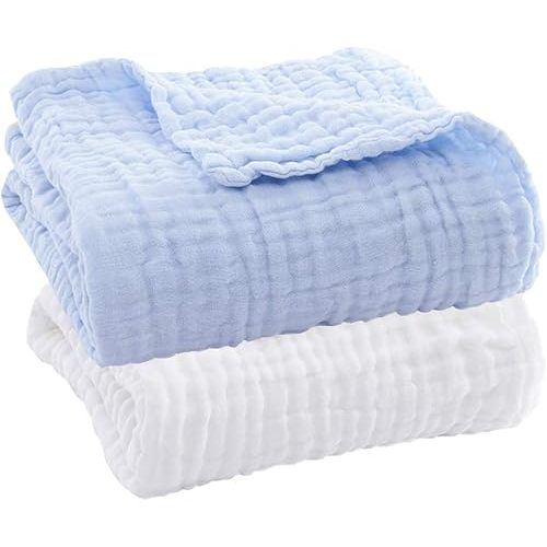 Baby Muslin Bath Towels - Set of 2 Large Size 43X43 Inches Swaddle Blanket for Newborn Toddlers Boys Girls (White & Blue)