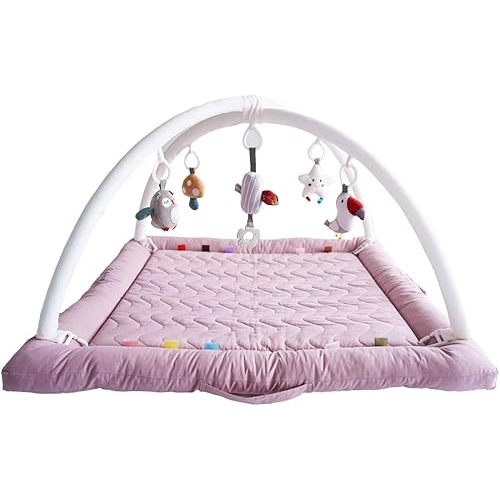 Play Gym with 5 Sensory Toys, Thick & Plush Playmat for Floor, Tummy Time Mat, Convertible Stage-Based Development from Baby to Toddler (Mistyrose)