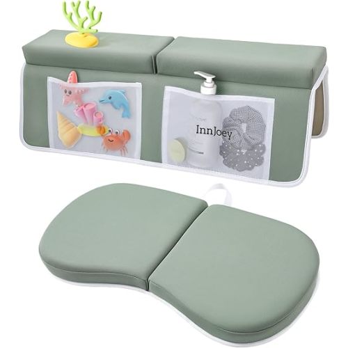 Baby Bath Kneeler and Elbow Rest Pad Set, 1.6'' Thick, Quickly Dry, Bathtub Kneeler Pad with Baby Toys & Bath Accessories Storage, Bath Kneeling Pad and Elbow Pad for Baby Tub Green