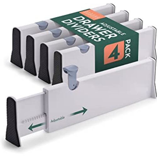 Adjustable Tall Drawer Dividers, 4-Pack, Adjusting Length from 11 Inch - 17 Inch, Drawer Organizers for Clothes, Locks in Place, Use for Bedroom, Bathroom, Kitchen & Office Organization and Storage.