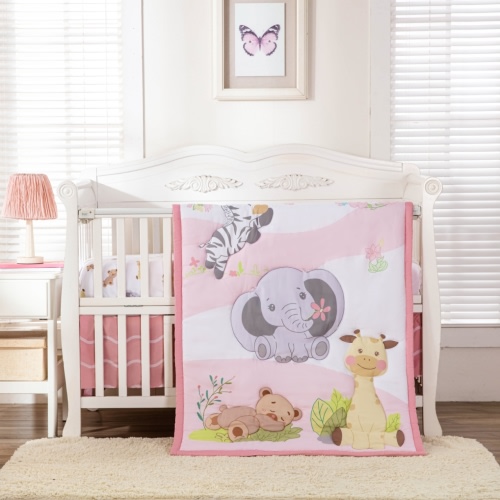Sweet Baba Animal Crib Bedding Sets for Baby Girls , 3 PC Pink Crib Set Including Crib Quilt/Crib Skirt/Crib Sheet