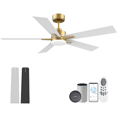 52” Smart Ceiling Fan with LED Lights Remote,Quiet DC Motor,Voice Control via Alexa Google WIFI Phone,Outdoor Indoor Modern Ceiling Fans,Dimmable,for Bedroom Patio Porch,Gold and White Black