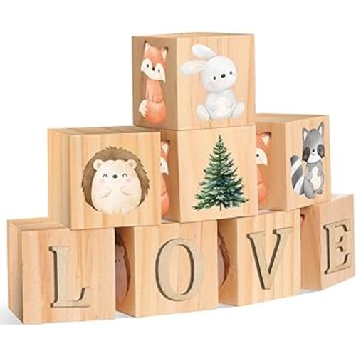 Custom Woodland Animals Wooden Name Sign, 8 Animals Block with 78 Letter Nursery Name Cubes for Nursery Shower Baby Shower Alphabet Wood Signs