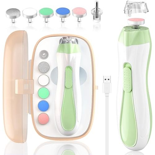 Baby Nail File Electric Baby Nail Care Set with LED Light, Baby Nail Clipper Electric for Newborn/Infants/Adults Toenails and Fingernails, 7 Grinding Head Replacement Pads, Green