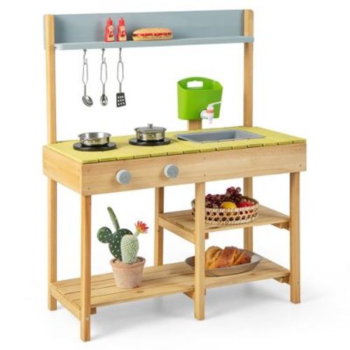 Costway Outdoor Mud Kitchen Set Fir Wood Kids Play Set With Removable Water Box