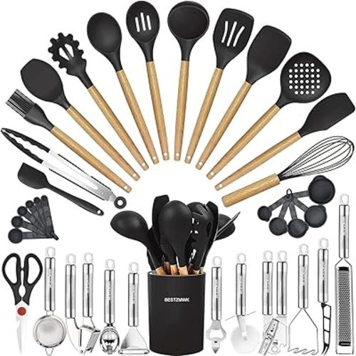 Cooking Utensils Set- 35 PCs Kitchen Utensils with Grater,Tongs, Spoon Spatula &Turner Made of Heat Resistant Food Grade Silicone and Wooden Handles Kitchen Gadgets Tools Set for Nonstick Cookware