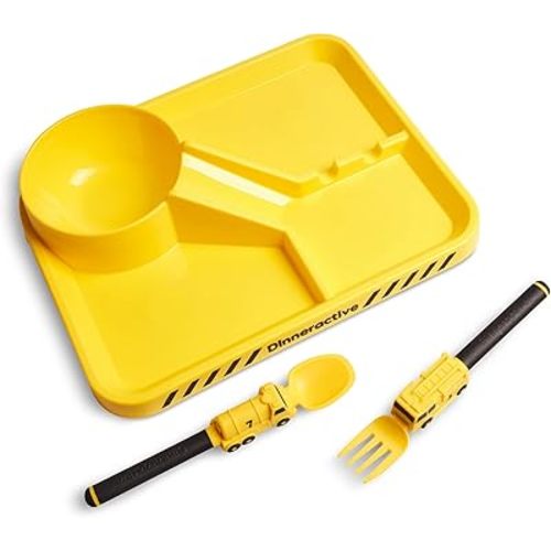 Dinneractive Dining Set For Kids - 3PC Yellow Firefighter Dinnerware - Fire Truck Utensils - Toddler Plates - Baby Dishes