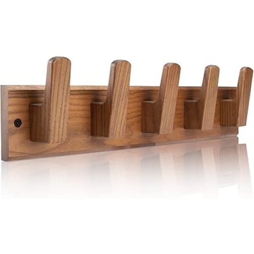 Wood Coat Rack Wall Mount with 5 Hooks, 17'' Hole to Hole Wall Coat Rack for Hanging Coat Jacket Backpack, Natural Wall Coat Hook