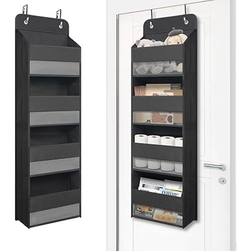 Over Door Organizer with 4 Large Capacity Pockets, Heavy Duty Hanging Organizer Storage for Closet Bathroom Nursery Bedroom Dorm, Toys Cosmetics Sundries and Baby Essentials, Black
