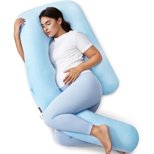 Momcozy Pregnancy Pillow with Cooling Cover, Dreamlign U Pro Maternity Pillow with Adjustable Leg Pillow - Support for Back, HIPS, Belly, Legs for Pregnant Women, 50-72 Inch, Bule