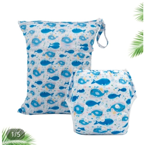 Reusable Swim Diaper and Wet Bag - whales 2WS01