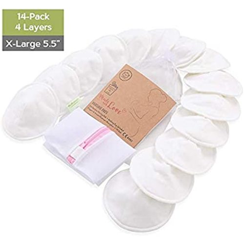 Organic Bamboo Nursing Breast Pads - 14 Washable Pads + Wash Bag - Breastfeeding Nipple Pad for Maternity - Reusable Nipplecovers for Breast Feeding (Soft White, X-Large 5.5")