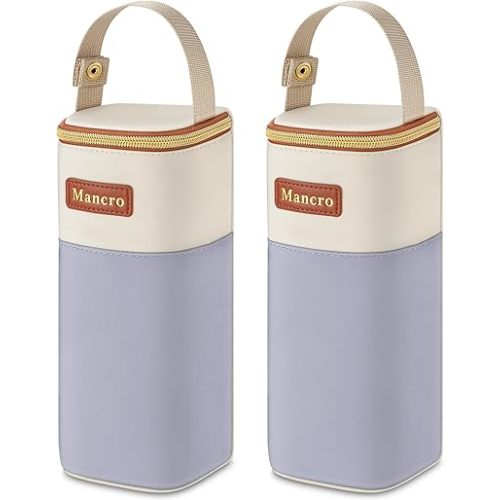 Mancro 2pack Insulated Baby Bottle Bags, Fits Baby Bottles up to 12 Oz Breastmilk Cooler Bag with Button Handle, Portable Baby Bottle Cooler Bag for Nursing Mom Daycare, Beige