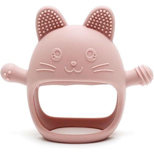 Baby Teethers, BPA Free, Anti Dropping, Baby Teething Toy for 0-6 6-12 Months, Food Grade Silicone Teething Mitten, Hand Teethers Baby Chew Toys for Sucking Needs, Teething Relief, Pink Cat