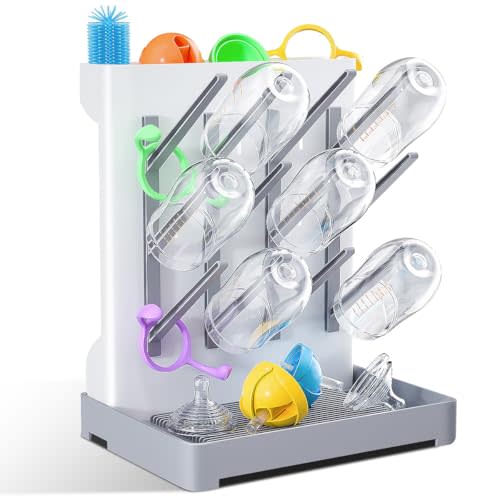 WillMall Baby Bottle Drying Rack: Vertical Space Saving Large Bottles Holder - Standing Boon Dryer Rack Baby Accessory - Countertop Holds Up to 12 Bottles & Pump Part Cleaning & Cup (Blue) (Gray)