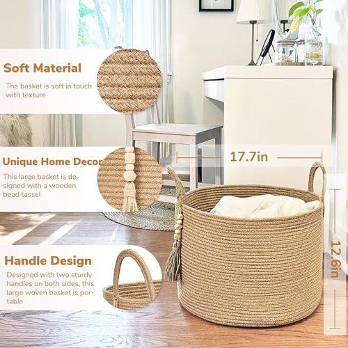 Goodpick Large Wicker Laundry Basket Jute Woven Basket for Clothes, Shoes, Towels, Decorative Storage Basket in Living Room, Bathroom, Entryway, Round Toy Basket 17.7 x 12.6 Inches, Jute