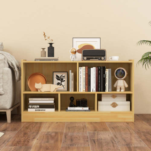 Kids 2-Shelf Bookcase 5-Cube Wood Toy Storage Cabinet Organizer-Beige