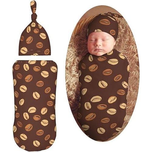 Brown Coffee Bean Pattern Newborn Swaddle Blankets Hat Sets Soft Baby Receiving Blanket Swaddle Sack for Baby Shower Infant Boy Girl Gift