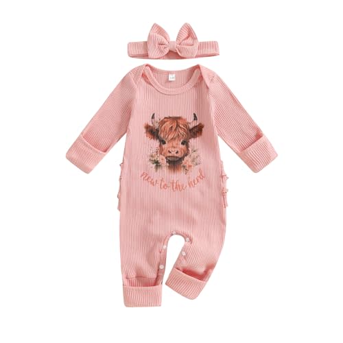 New to the Herd Baby Girl Western Outfit Ribbed Highland Cow Print Long Sleeve Jumpsuit Headband Newborn Fall Clothes