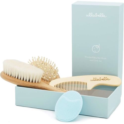 Ullabelle 4 Piece Wooden Baby Hair Brush and Comb Set for Newborns & Toddlers in Chic Gift Box - Ultra Soft Natural Goat Hair and Wood Baby Brush Set Prevents Cradle Cap - Perfect Registry Gift (Blue)