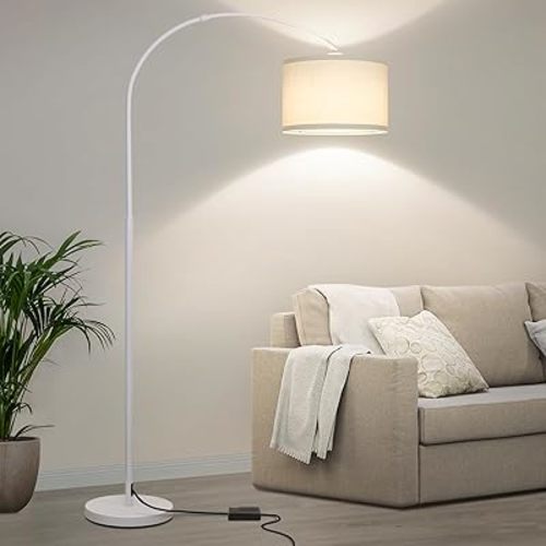 Seaside village Standing Lamp for Living Room, Dimmable Arc Floor Lamp with White Adjustable Hanging Shade, Modern Pole Lamp Tall Reading Light for Bedroom, Over Couch, Office, 9W LED Bulb Included