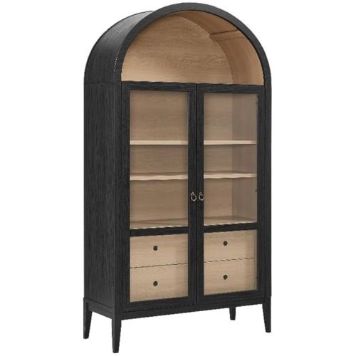Modway Nolan Tall Arched Storage Display Cabinet in Black Oak - 74 Inch Arch Bookshelf with Glass Doors, Shelves and Drawers - Modern Accent Cabinet for Living Room, Dining Room