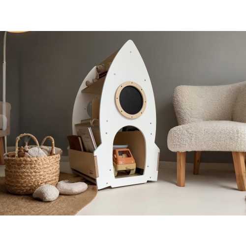 Mobile “Rocketship” rack for kids books and toys with magnetic drawing board/ White and wood rotating children's bookcase on wheels