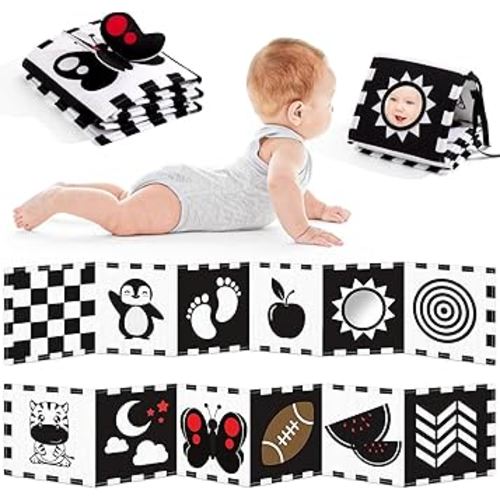 High Contrast Baby Book and Sensory Toy Set for 0-12 Months – Soft Crinkle Pages, Tummy Time Development, and Safe Mirror for Visual Stimulation – Ideal Newborn Gift for Boys and Girls