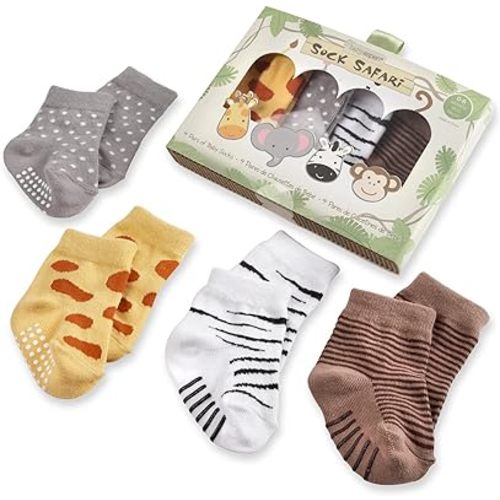 Baby Aspen, Sock Safari" Four-Pair Animal-Themed Baby Socks Set, 0-6 Months