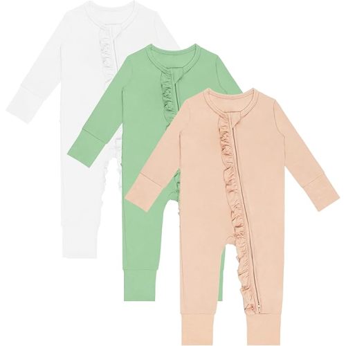 3 PACK Baby Rompers Long Sleeve Two Way Zipper Footless Pajamas With Mitten Cuffs - 3 Months - White+pure Green+apricot Yellow