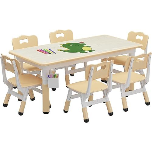 GAOMON Kids Table and 6 Chair Set with Storage Box, Height Adjustable Toddler Table and Chairs Set with Graffiti Desktop for Ages 2-10, Non-Slip Legs, Children Table for Daycare Classroom Home
