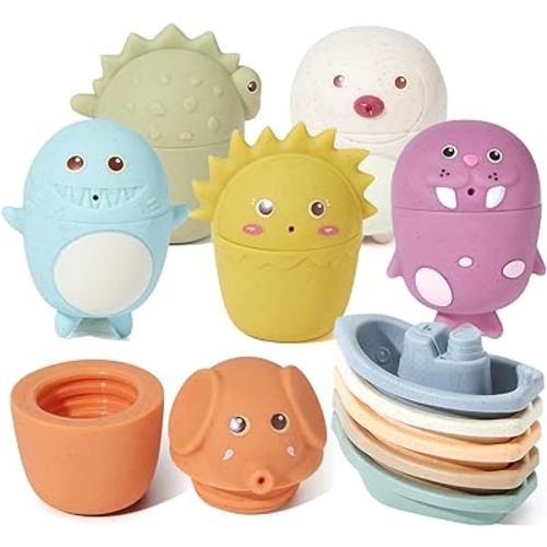 Bath Toys for Kids Ages 1-3, 11 PCS Mold Free Toddler Bath Toys for 2-4 Bathtub Water Toys Non Toxic Stackable Bath Boats and Animal Squirt Bath Toys for Babies 6-12 Months