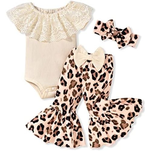 HINTINA Newborn Baby Girl Short Sleeve Bodysuit Flared Pants Ribbed Outfits