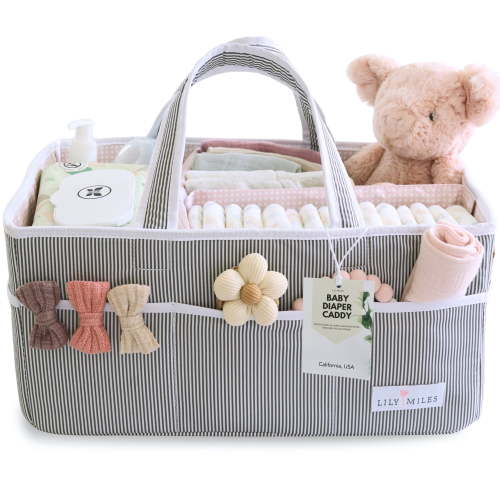Lily Miles Baby Diaper Caddy Organizer for Baby Girls - Nursery Changing Table Organizer - Baby Shower Gifts (Gray/Blush, Large)