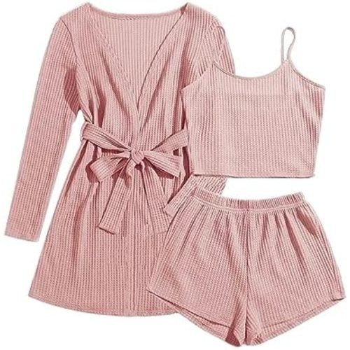 Ekouaer Womens 3 Piece Waffle Knit Lounge Set Soft Pajama Sets Tank Top and Shorts Cardigan with Pockets S-XXL