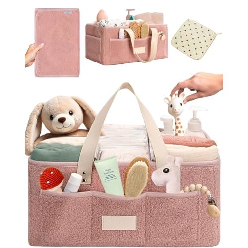 Baby Diaper Caddy Organizer with Portable Changing Mat and Heart Burp Cloth - Teddy Fleece Diaper Organizer for Changing Table - Baby Basket for Diaper Changing Essentials - Pink