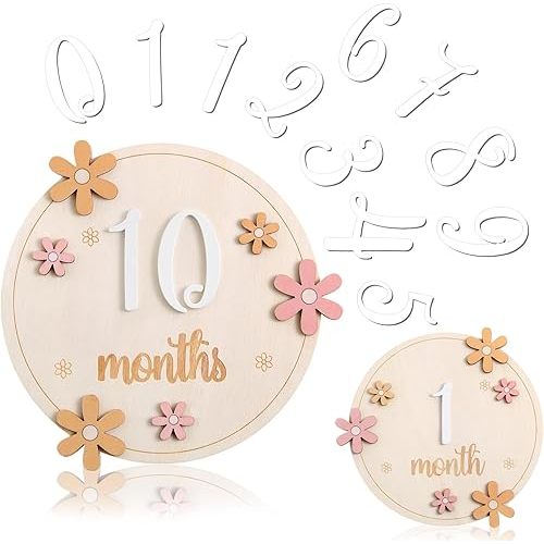 Baby Monthly Milestone Cards with 11 Interchangeable Number Set of 12 for Baby Growth Recording Daisy Wooden Bohemian Milestone Blocks Months Signs Photo Props