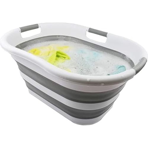 SAMMART 40L (10.5 gallons) Collapsible Plastic Laundry Washing Tub - Foldable Pop Up Laundry Basket/Hamper - Portable Washing Tub - Pop Up Saving (White/Grey)
