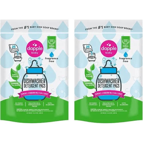 Dishwasher Detergent Pacs by Dapple Baby, 25 Count Pouch (Pack of 2), Fragrance Free, Plant Based & Hypoallergenic Dishwasher Pods - Removes Milk Residue & Odor - Dishes, Baby Bottles & Kitchenware